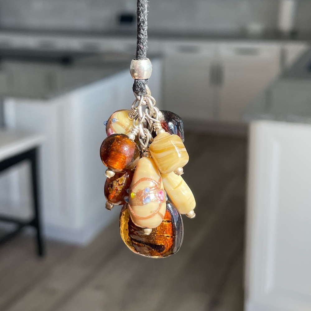 Handmade Brown Glass Beaded Grape Necklace Pendant on 18” Black Cord